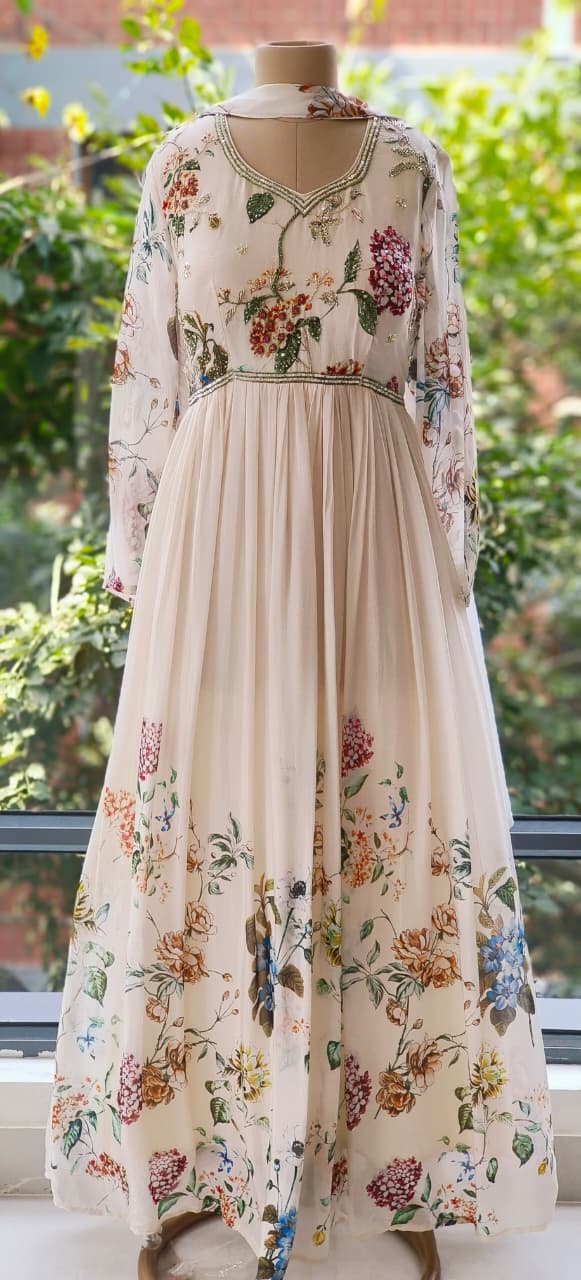 Digital Floral Print With Cut-Dana Highlights Chinon Anarkali Gown With Chowker Dupatta- 12108