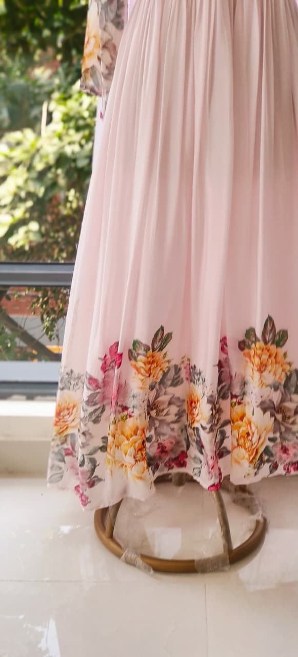 Digital Floral Print With Cut-Dana Highlights Chinon Anarkali Gown With Chowker Dupatta- 12108