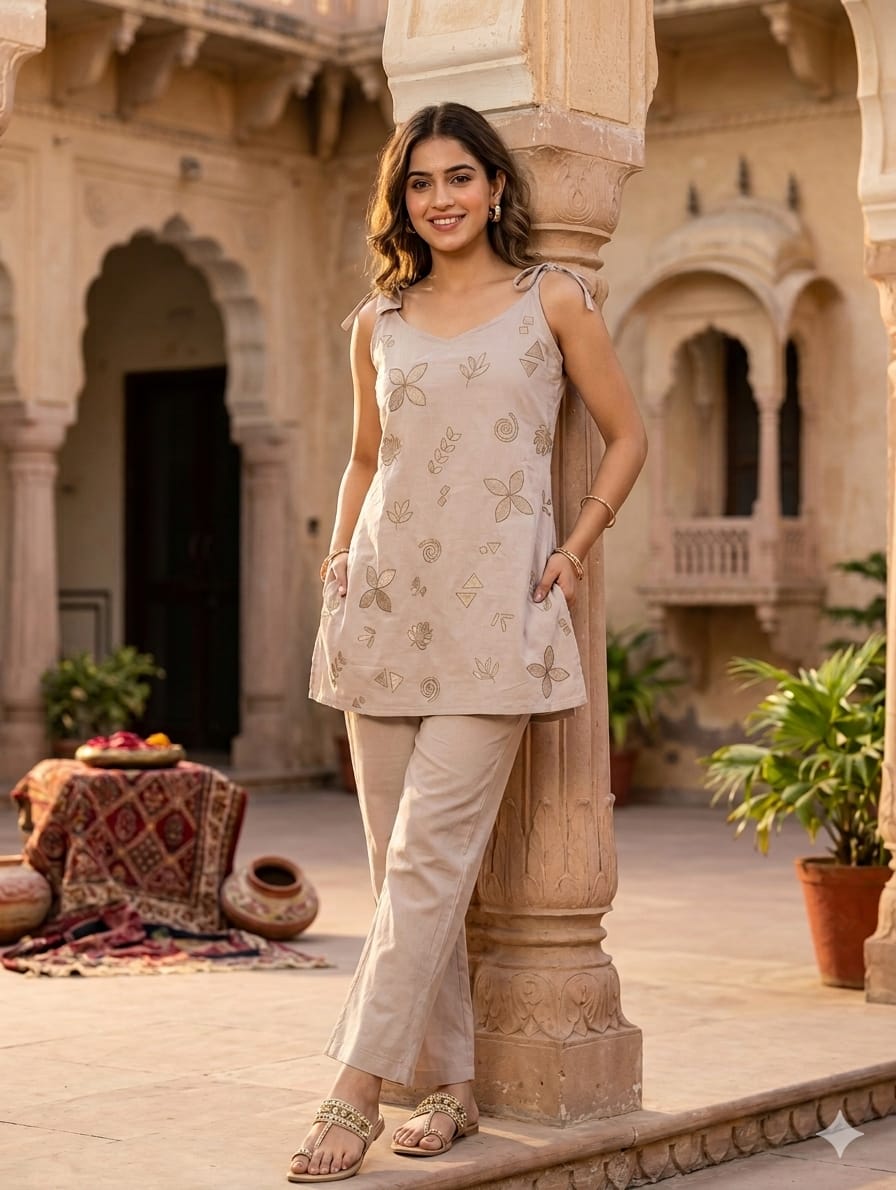 Sleeveless Strape Embroidered Cotton Camisole & Pants Co-Ord Set- 14965