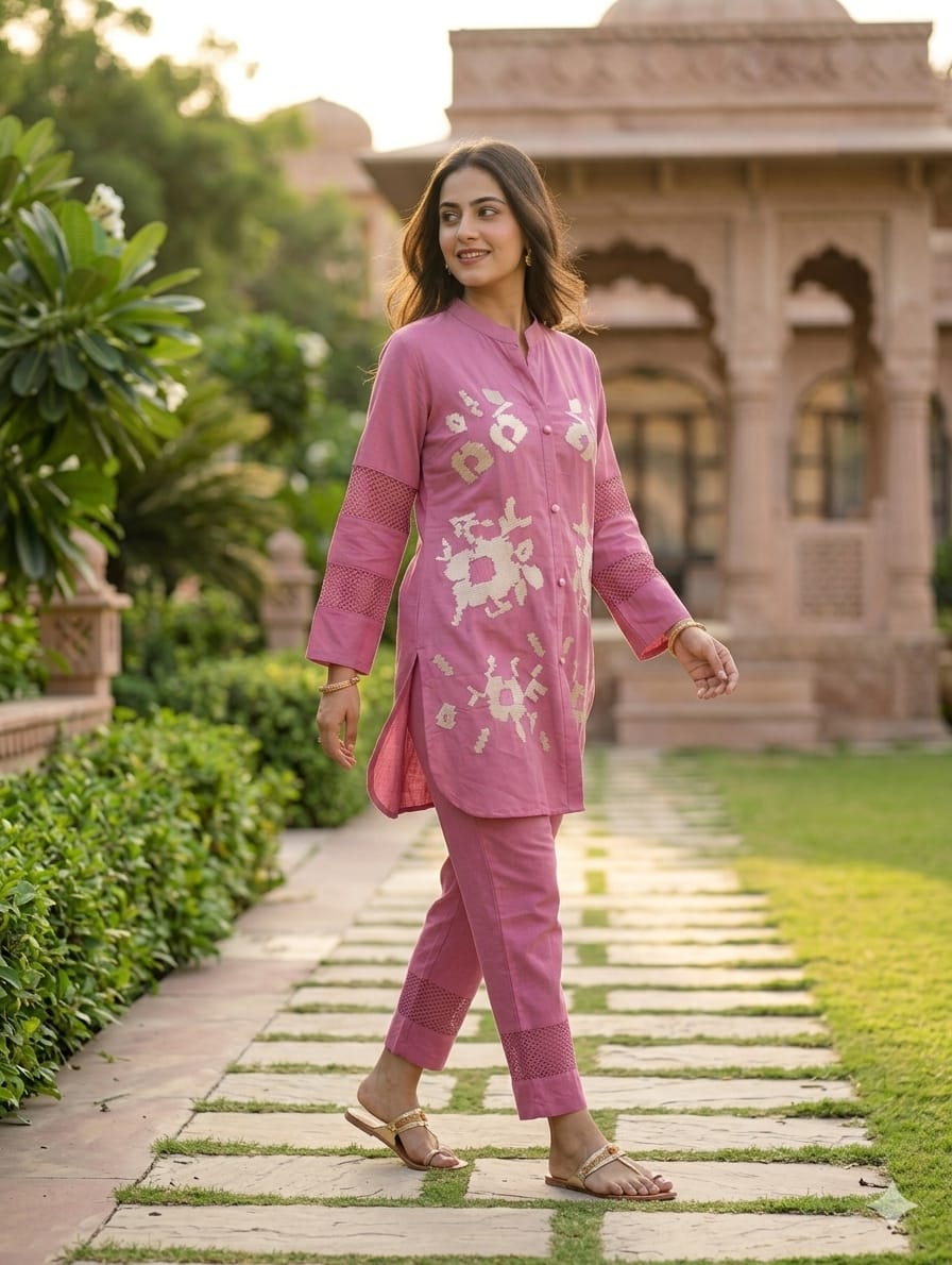 Abstract Floral Scattered Embroidery Jaal Sleeve Work Cotton Co-Ord Set- 14961