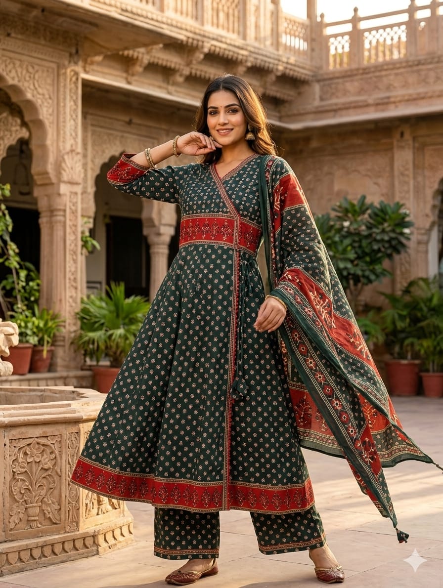 Traditional Printed Angrakha Anarkali Cotton Full Suit Set with Coordinating Dupatta- 14975