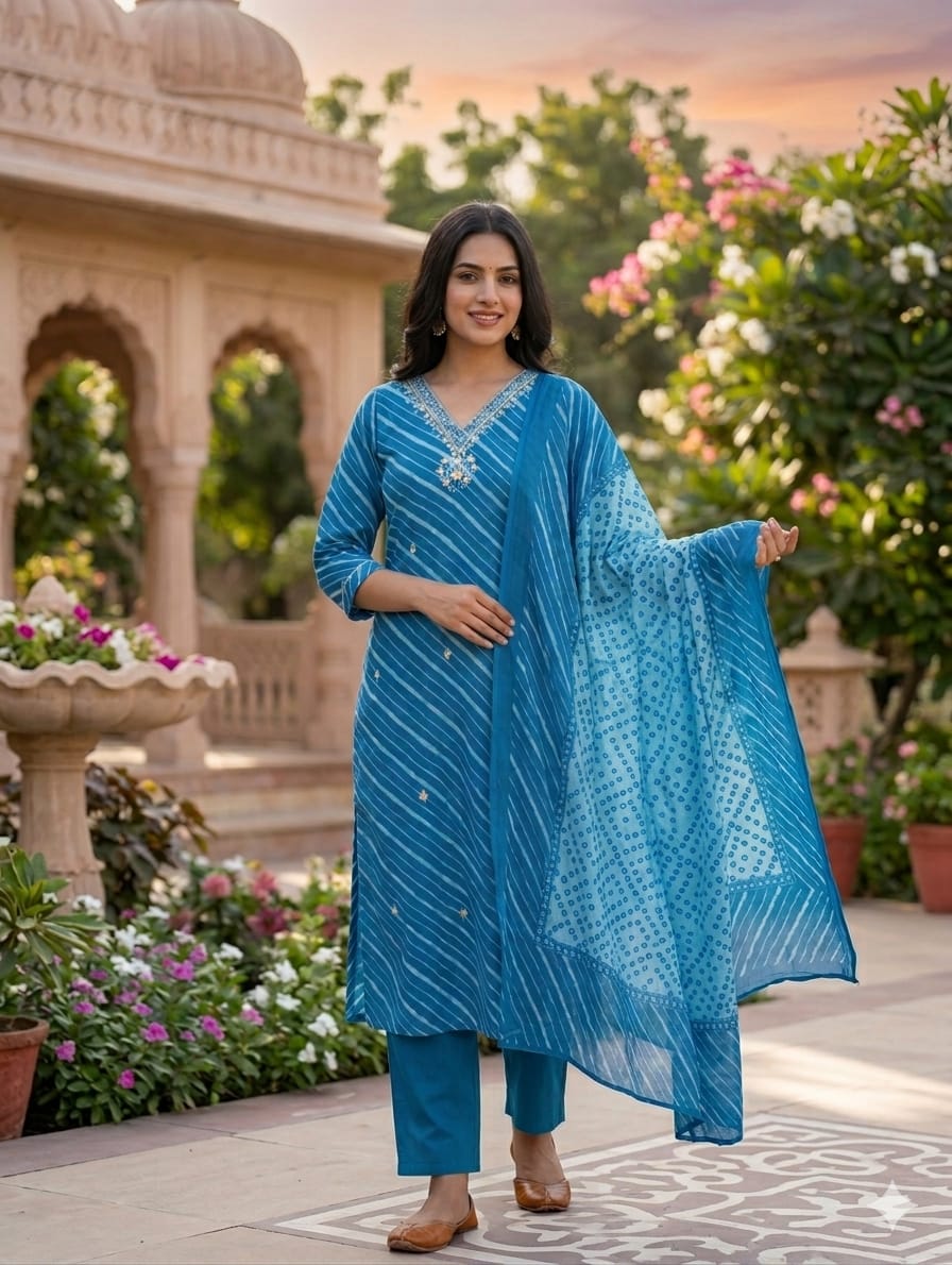 Elegant Lehariya Cotton V-Neck Embroidered Straight Kurta with Bottom and Dupatta- 14976