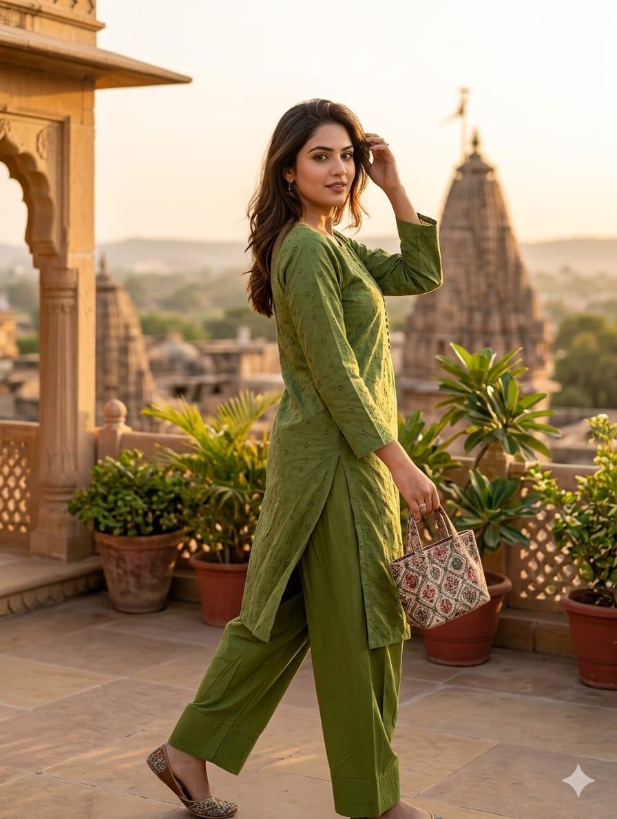 Solid Shifli Embroidered Button-down Cotton Co-Ord Set- 14969