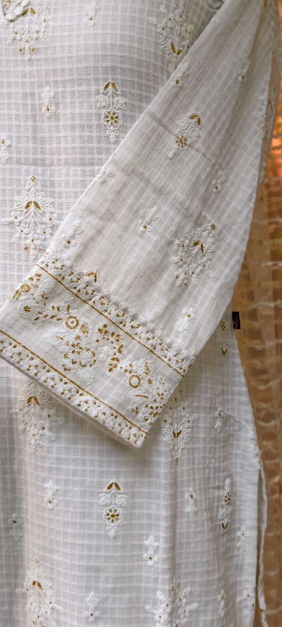 Pure White Tiny Golden Intricate Embroidery Cotton Full Suit Set With Dupatta