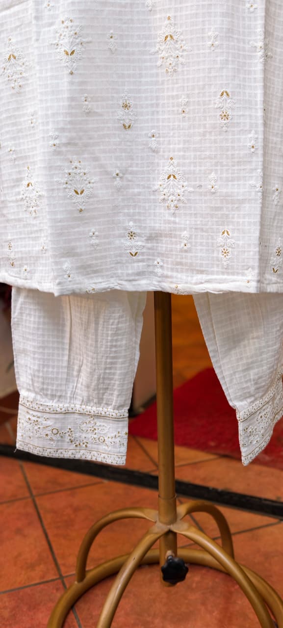 Pure White Tiny Golden Intricate Embroidery Cotton Full Suit Set With Dupatta