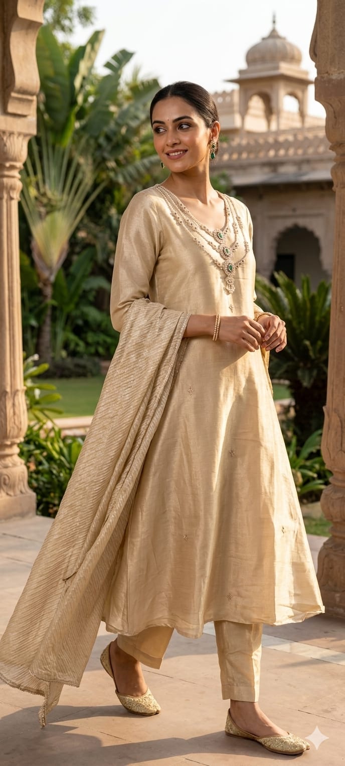Elegant Classic Shiny Jewel Look Hand-Embellished Neckline Tissue A-Line Full Suit Set With Dupatta- 14935