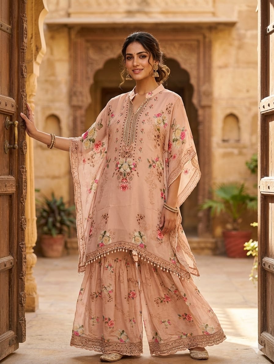 Ethereal Light Ivory Delicate Floral Prints & Neck Detailing Kaftan Sharara Set- 14933