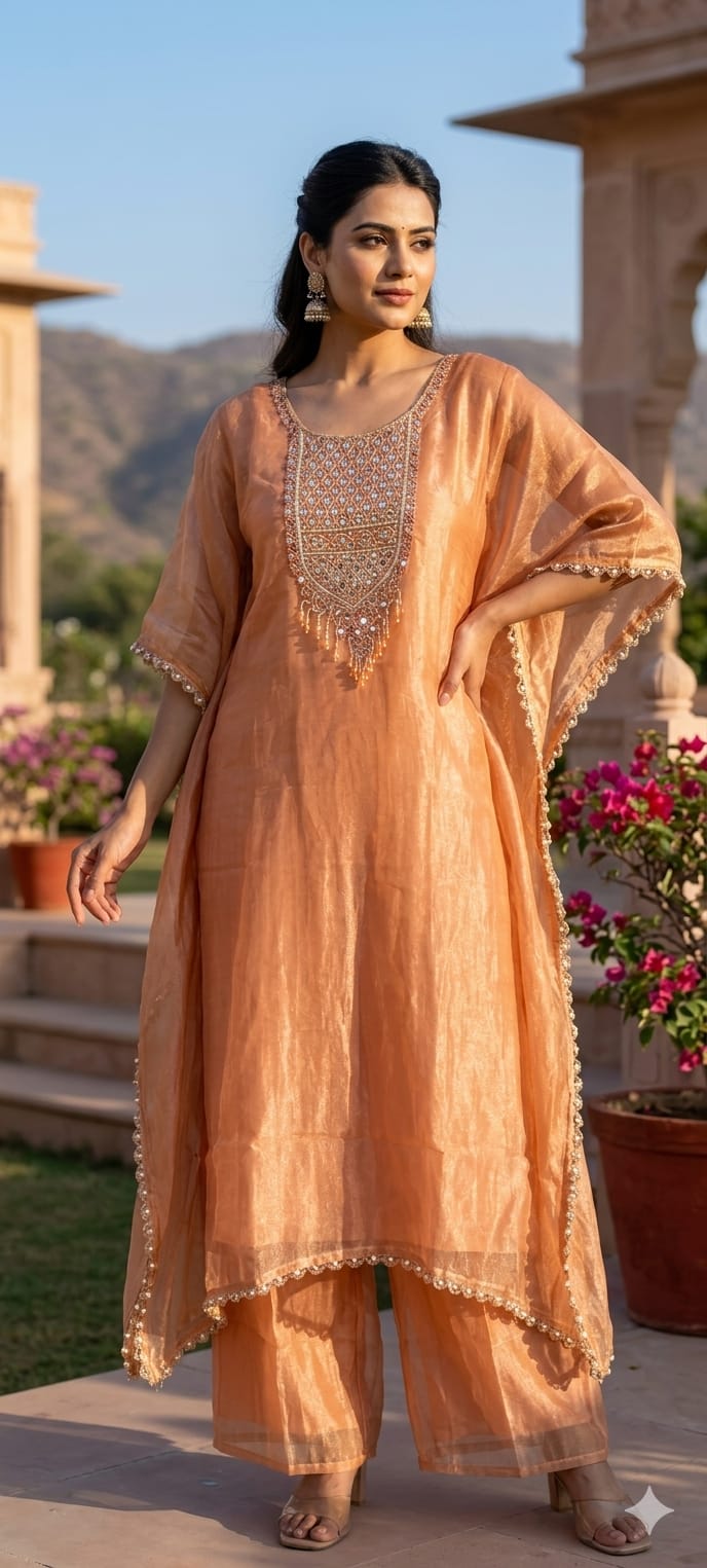 Ethereal Radiant Grace Peach Shimmer Tissue Mirror-Work Kaftan With Bottom- 14934