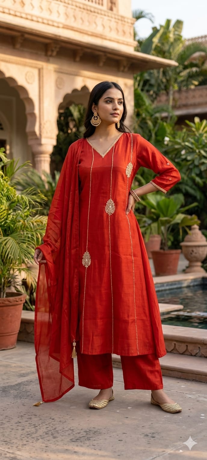 Vertical Golden Lines & Medallion Motifs Surat Mul Chanderi A-Line Full Suit Set With Dupatta- 14940