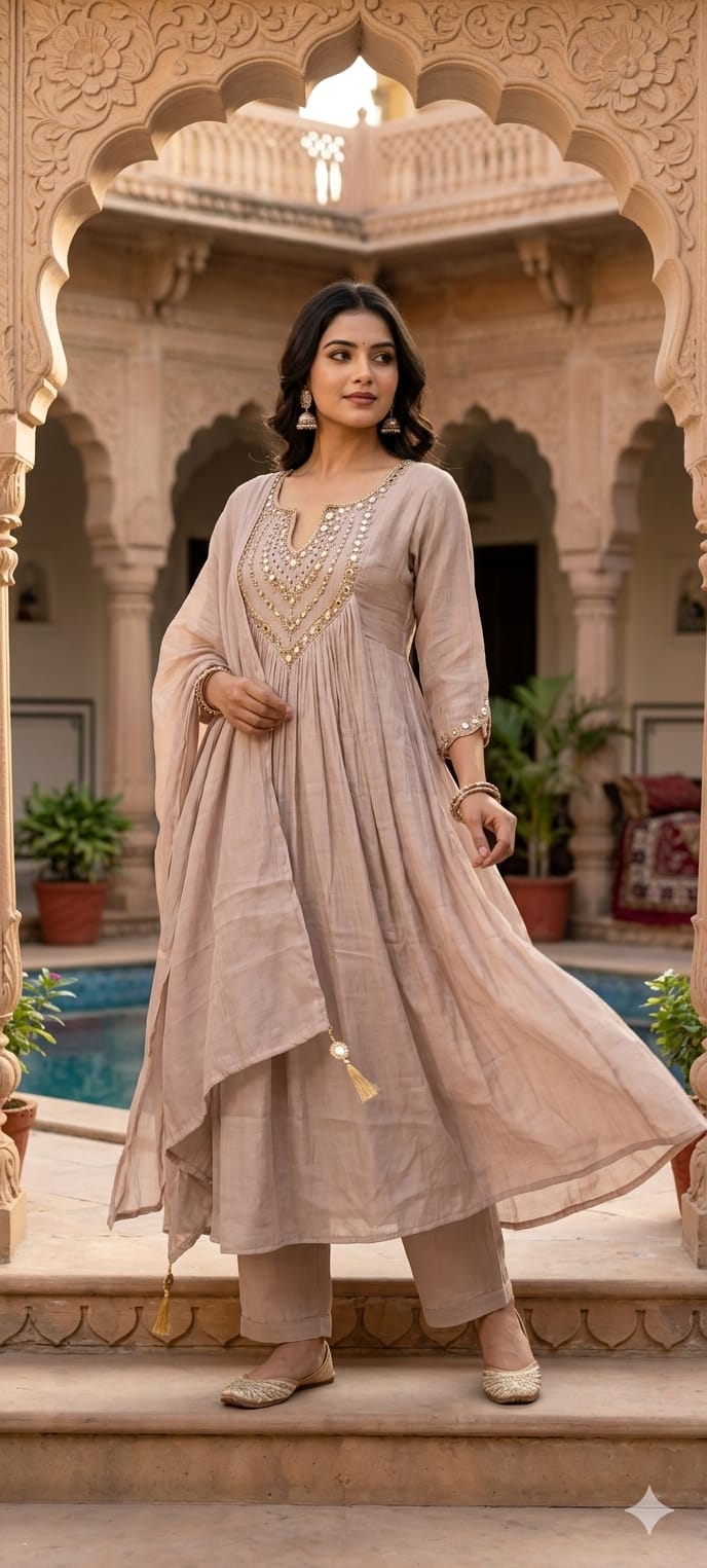 Elegant Festive A-Line Full Suit Set with Real Mirror Embroidery & Tassel Dupatta