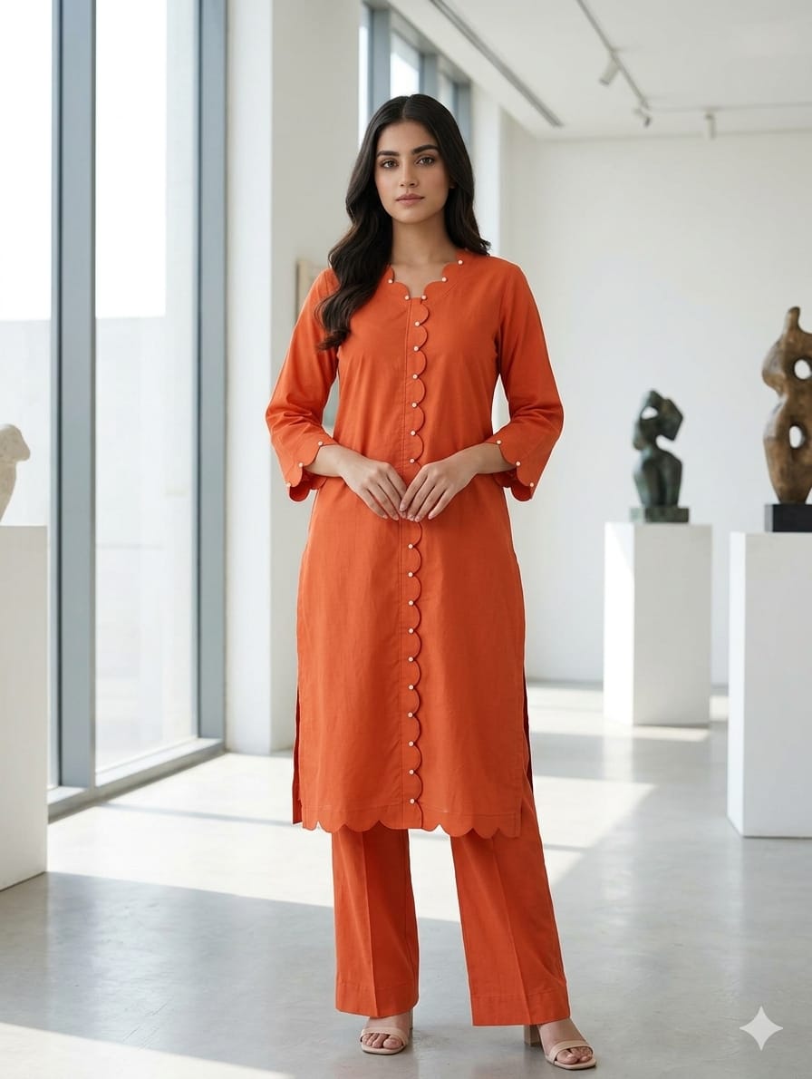 Pearl Touch Designer Look Plain Solid Cut-Work Cotton Kurta Pant Set- 14963