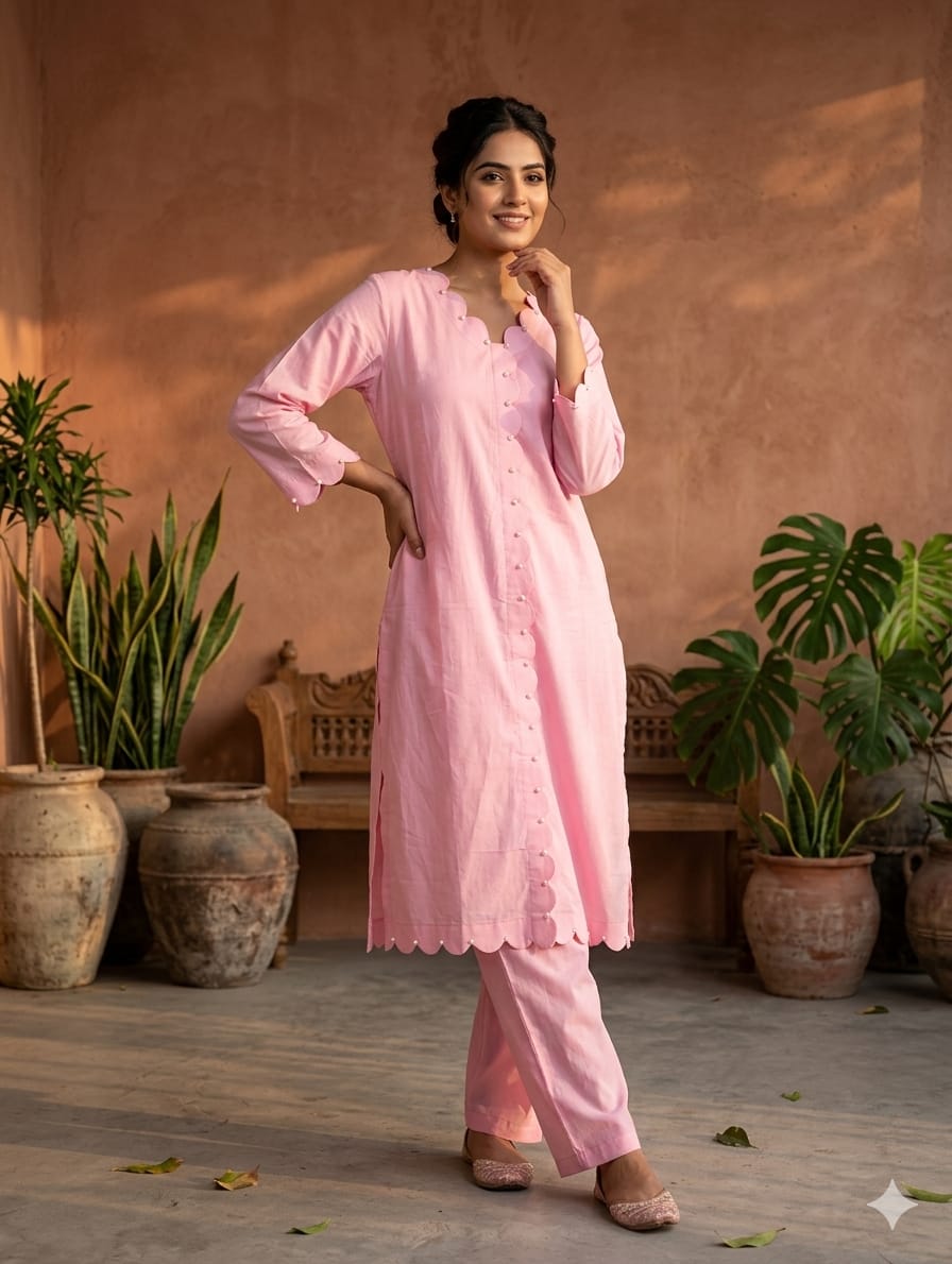 Pearl Touch Designer Look Plain Solid Cut-Work Cotton Kurta Pant Set- 14963