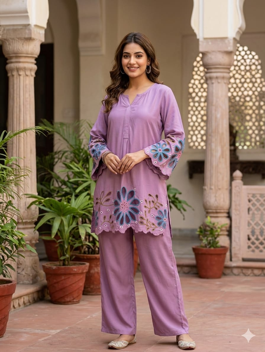 Premium Imported Fabric Floral Hem Cut-Work Embroidery Co-Ord Set-14970