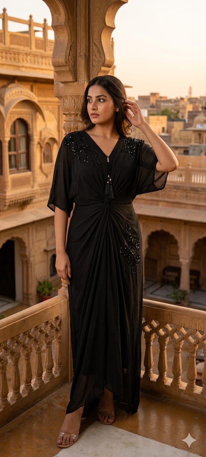 Elegant Cut-Dana Spiral Embroidery Drape Look Indo-Wear One Piece- 14948