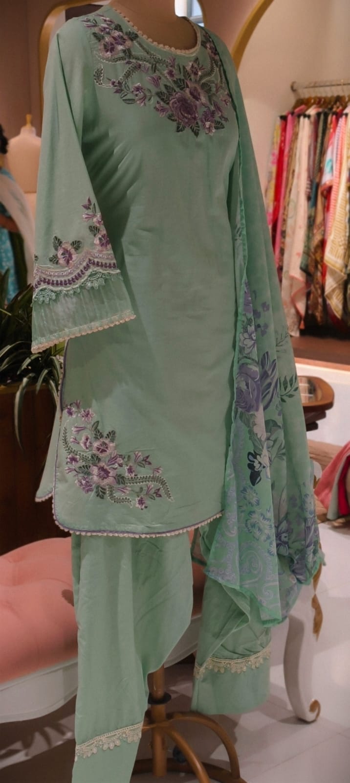 Mint Green Mul Cotton Flower Thread Embroidery Full suit with Farshi Salwar