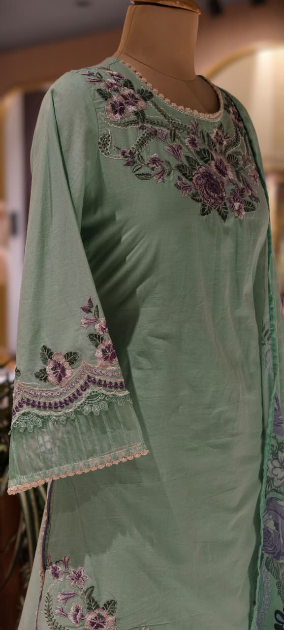 Mint Green Mul Cotton Flower Thread Embroidery Full suit with Farshi Salwar