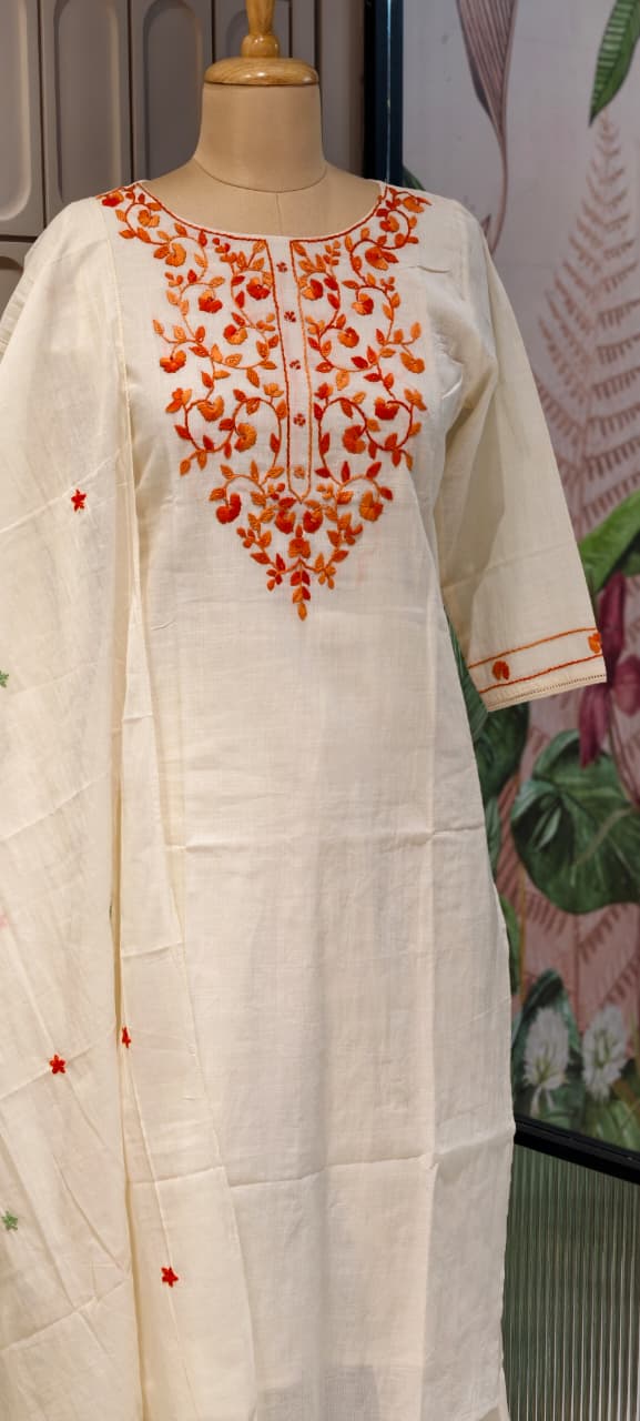 Elegant Off-White Kora Cotton Full Suit Set with Intricate Multi-Color Thread Embroidery