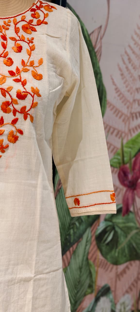 Elegant Off-White Kora Cotton Full Suit Set with Intricate Multi-Color Thread Embroidery