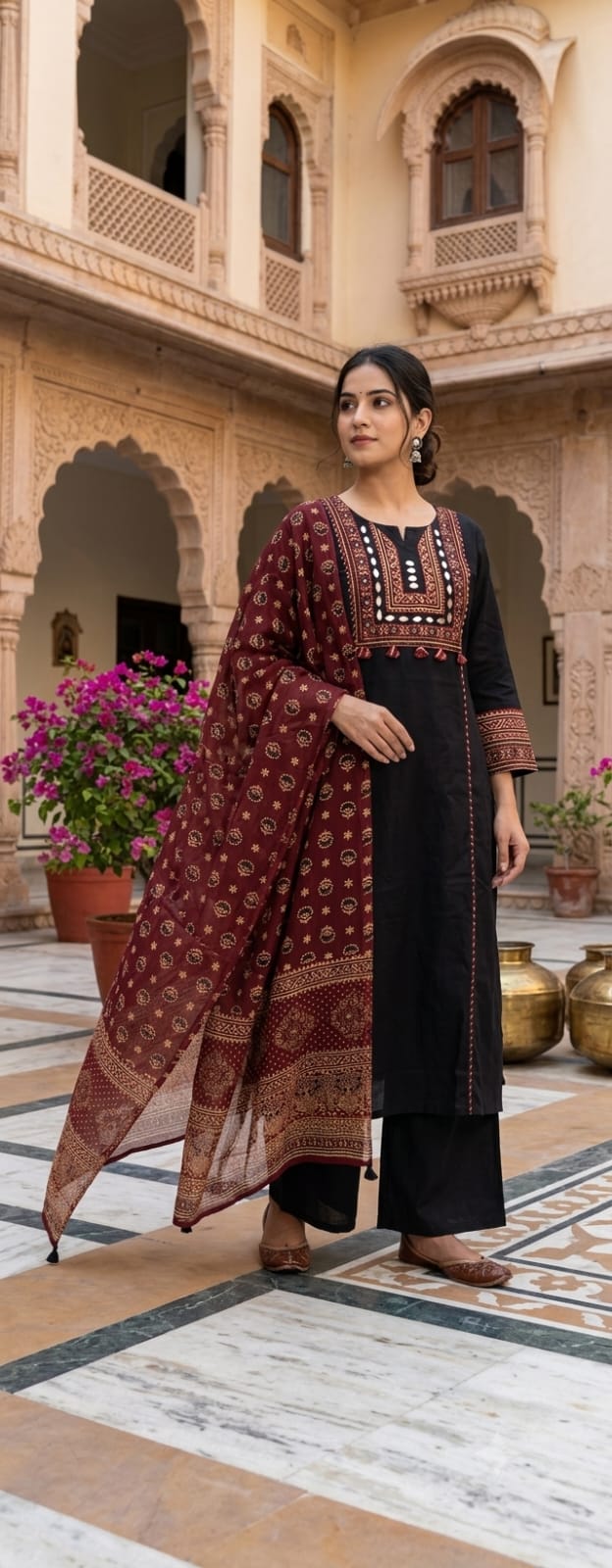 Real Mirror pure cotton Kalamkari patch work yoke Full suit set with Dupatta