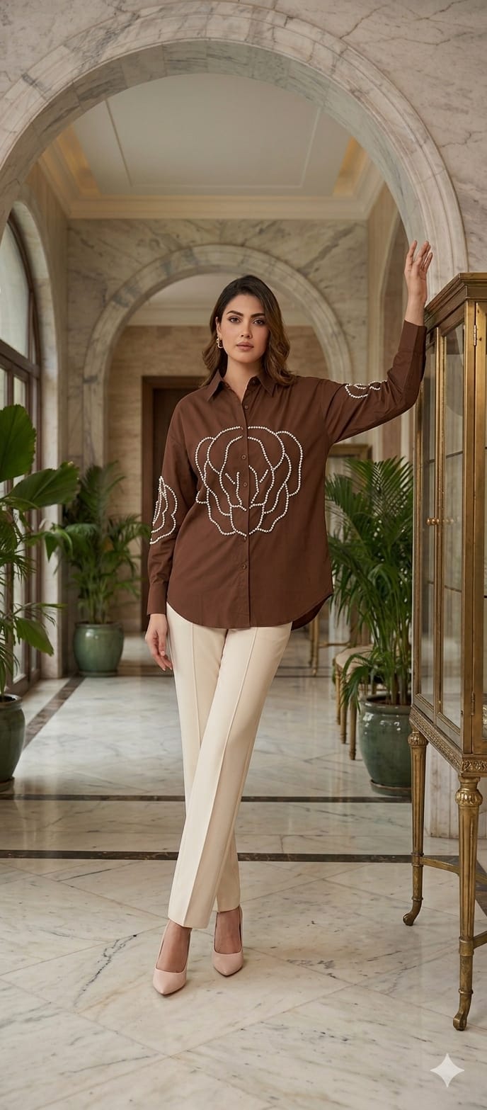 Pearl Elegance Imported Fabric Over Size Look Solid Shirt- 15071