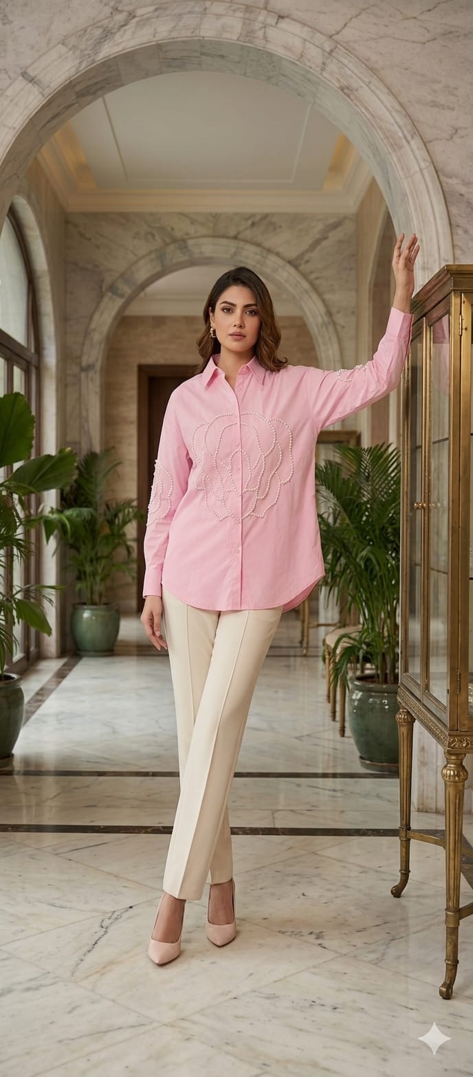 Pearl Elegance Imported Fabric Over Size Look Solid Shirt- 15071