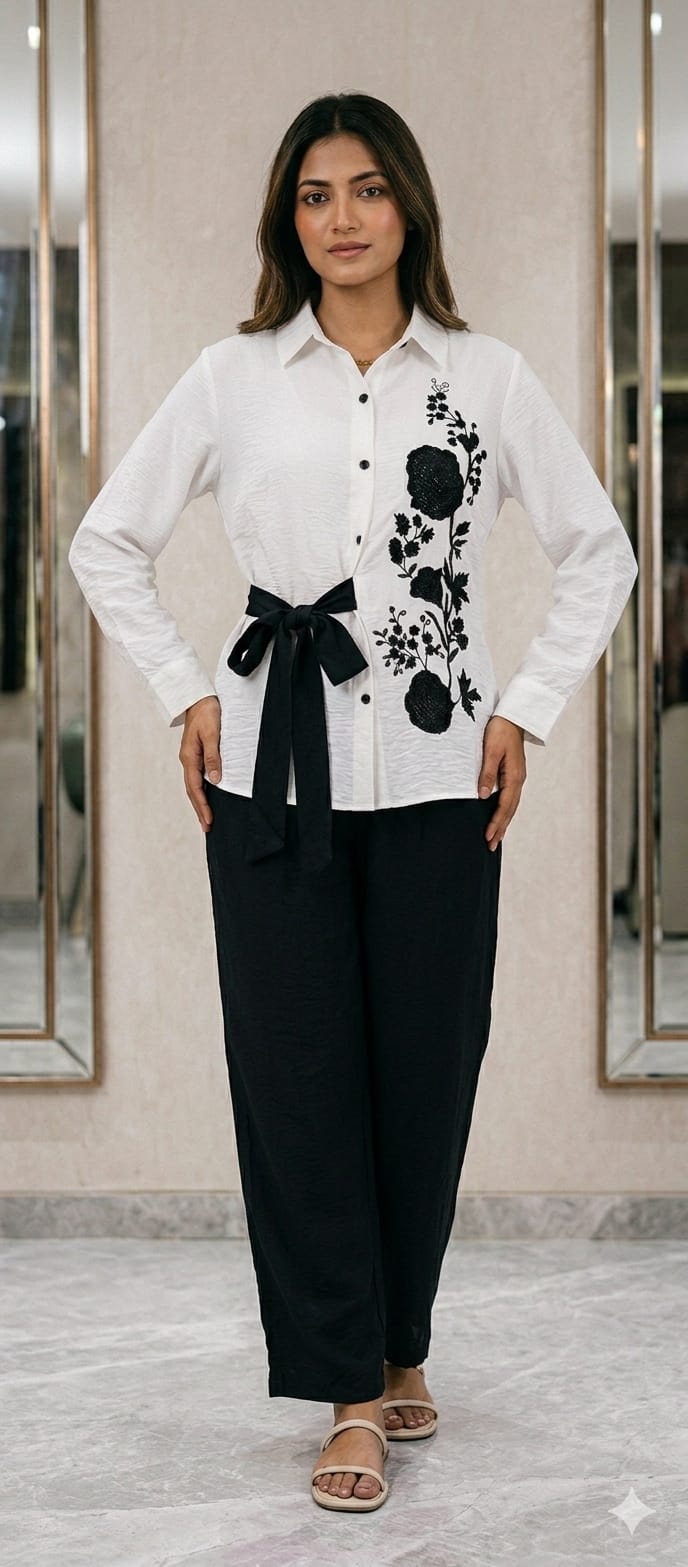 Premium Classic Floral Embroidery Button-Down Co-Ord Set- 15073