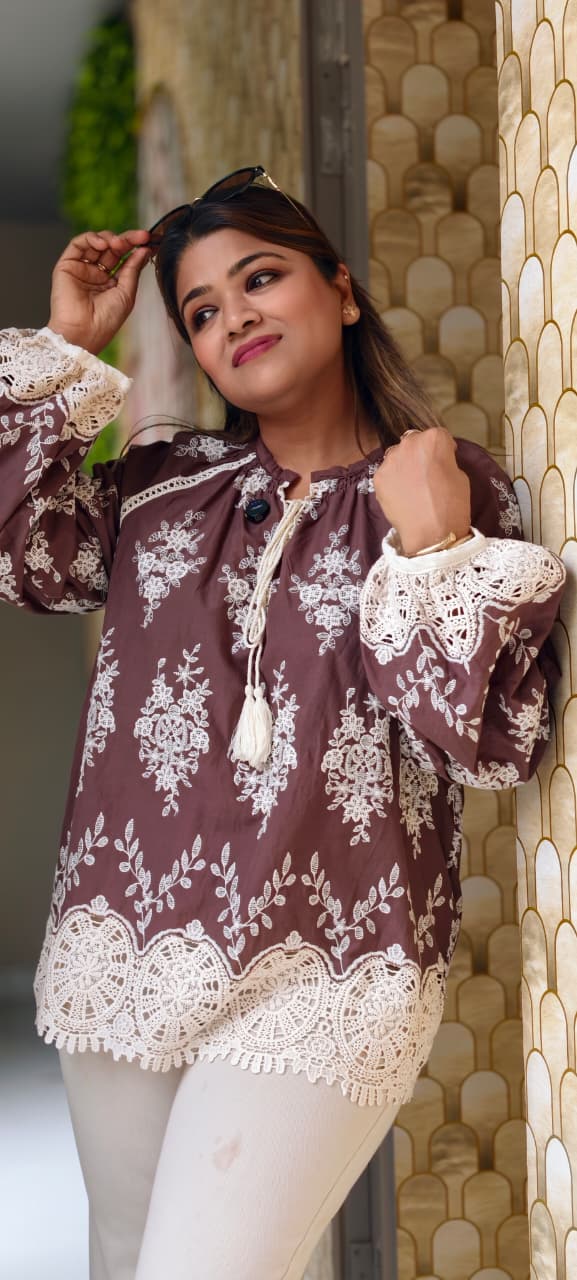 Crosia Floral Thread Embroidered Cut-Work Imported Tunic- 15068