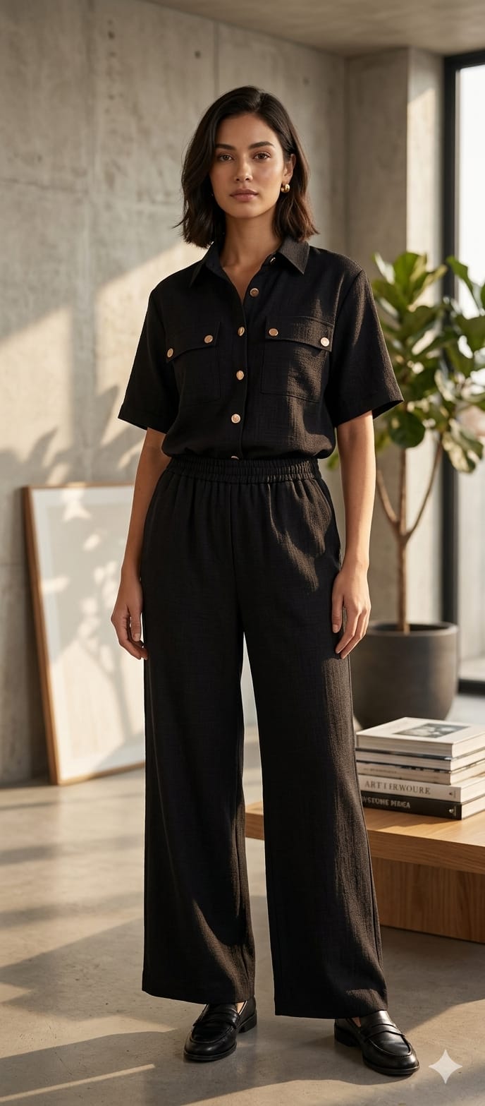 Button Down Back Nord Solid Imported Co-ord Set-15029