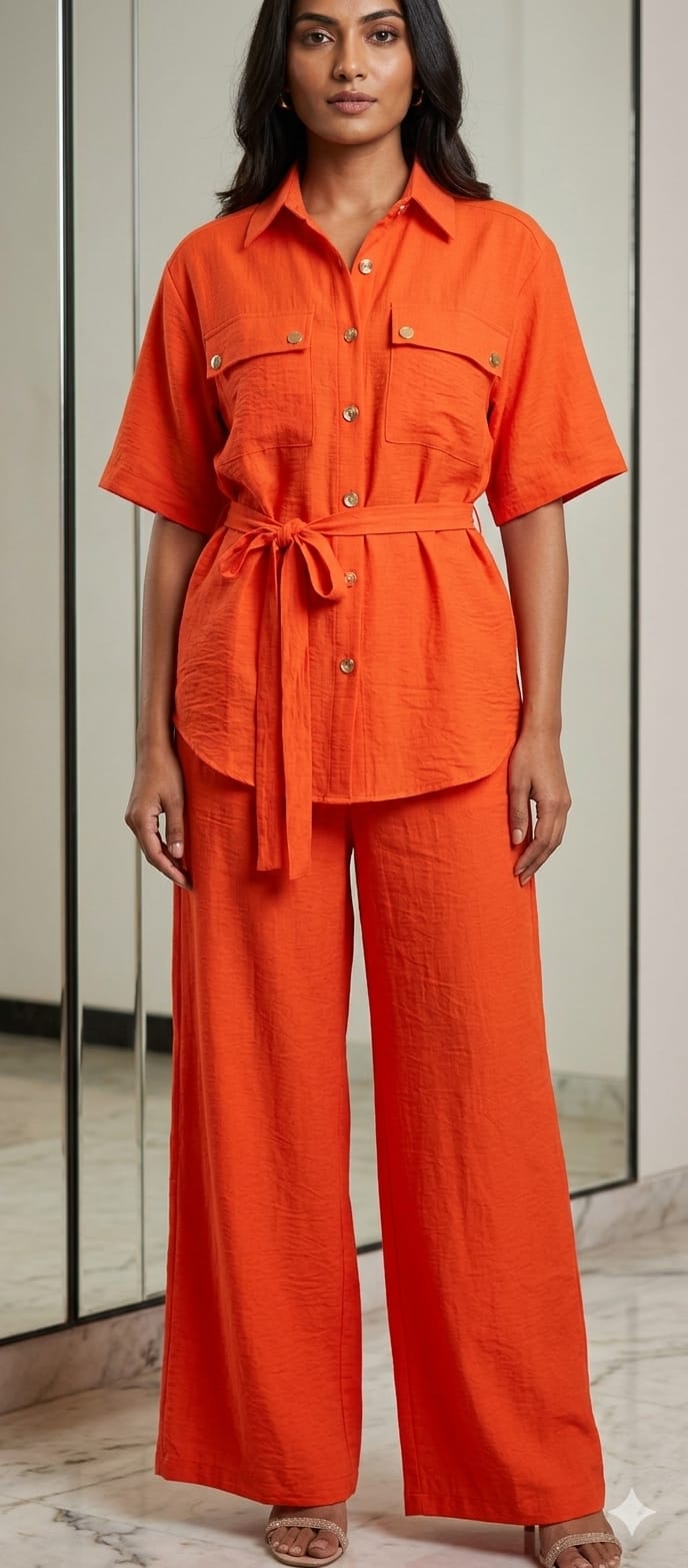Button Down Back Nord Solid Imported Co-ord Set-15029
