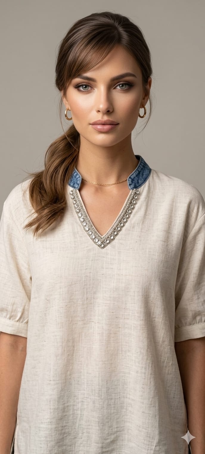 Siroski Stone Neckline Balloon Sleeve Imported Western Casual Top- 15046