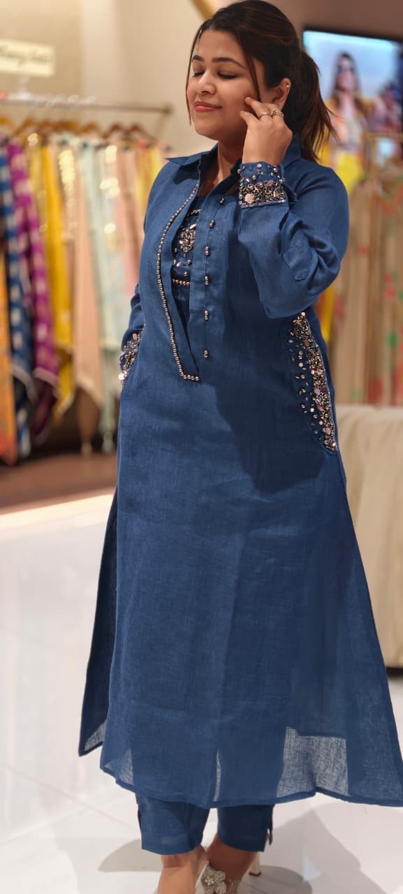 Beads Embellished Stunning Inner Attach Look A-Line Kurta With Bottom In Jute Fabric- 15088 (Dispatchning After 3 Days)