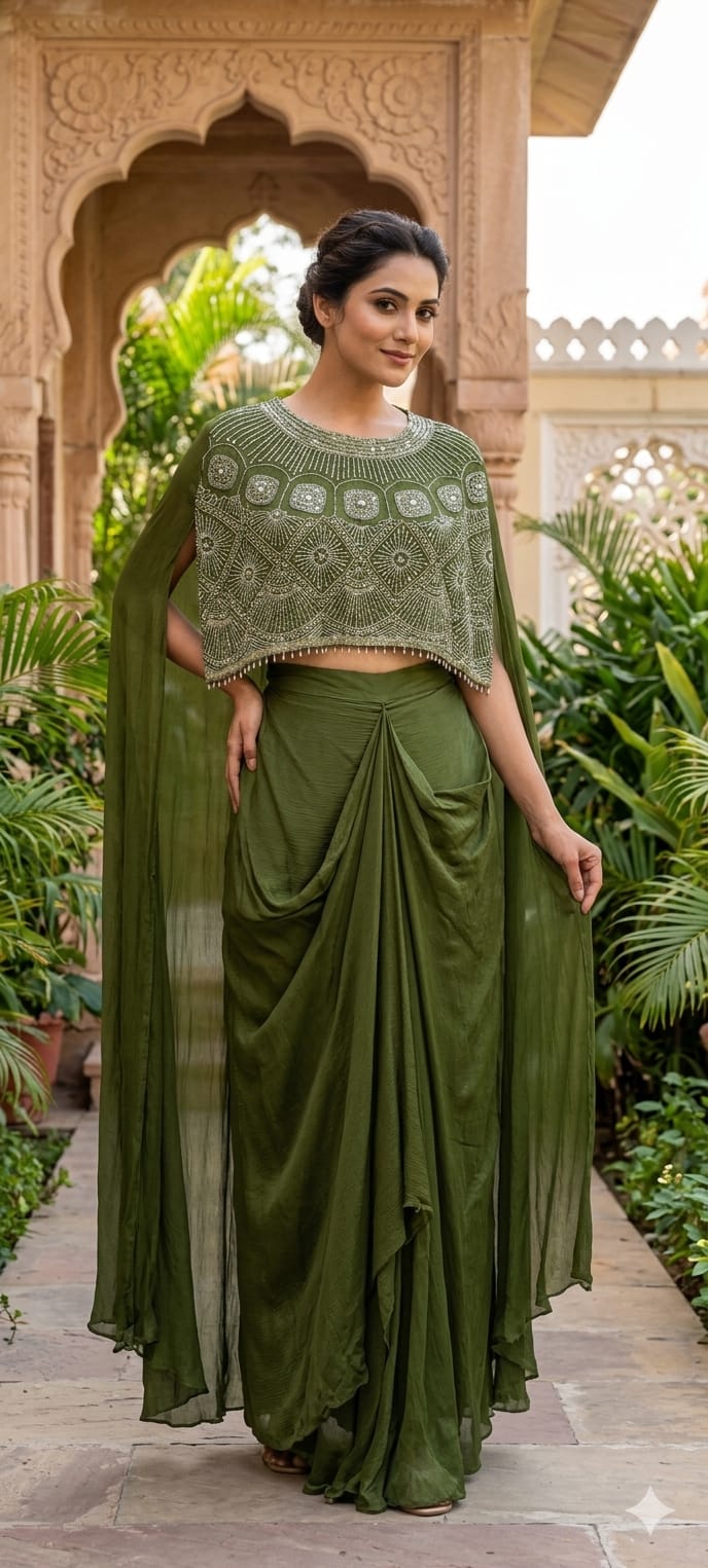 Olive & Crimson Drape Elegance Embroidered Cape Set With Flowy Skirt- 11366
