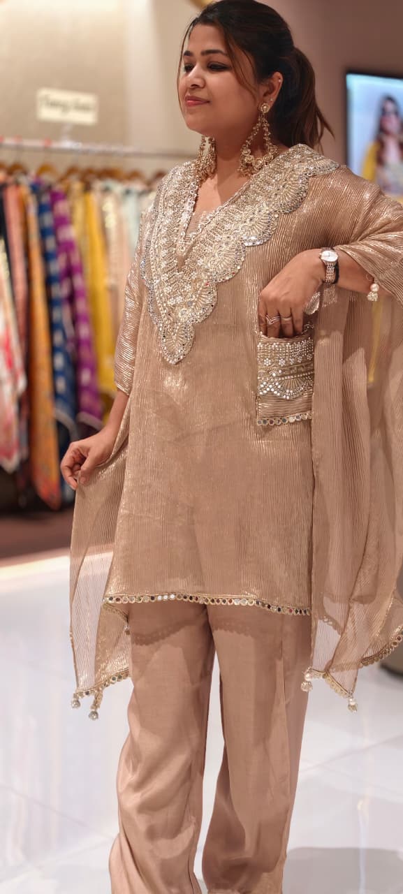 Crush Tissue Luxury Real Mirror Embellished Kaftan Co-Ord Set with Straight Pants & Sidepocket - 15093 (Dispatching After 3 Days)