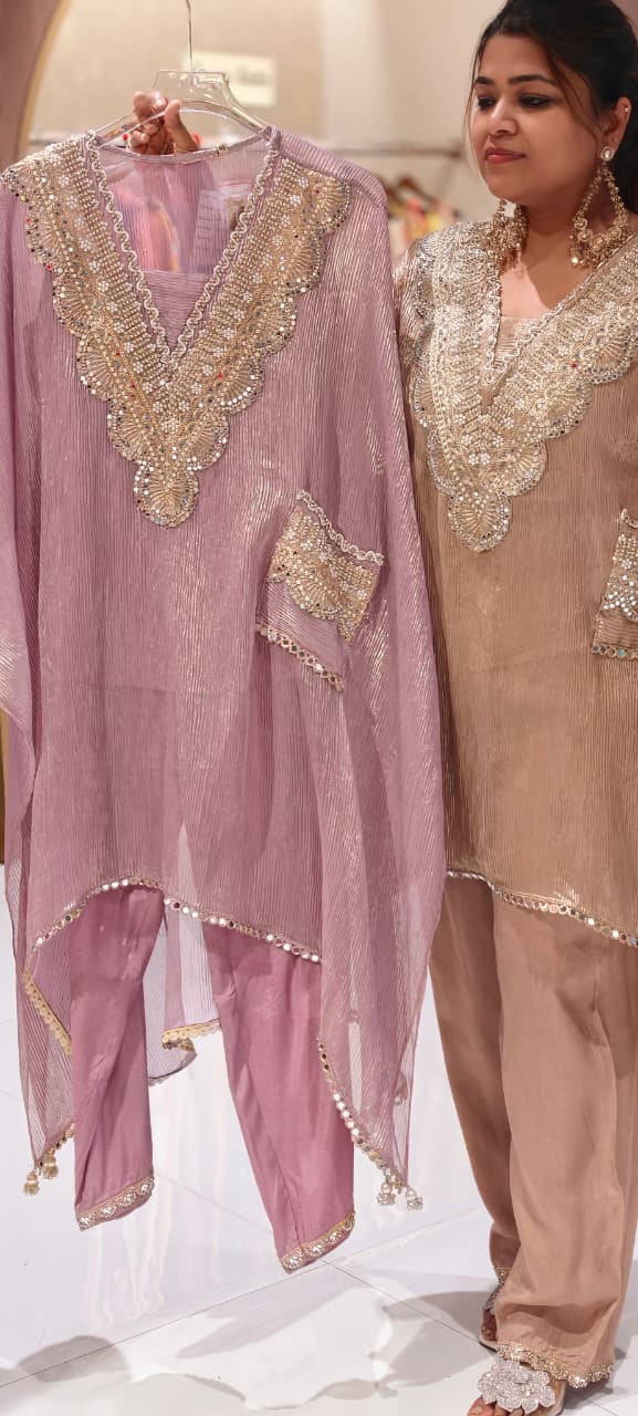 Crush Tissue Luxury Real Mirror Embellished Kaftan Co-Ord Set with Straight Pants & Sidepocket - 15093 (Dispatching After 3 Days)