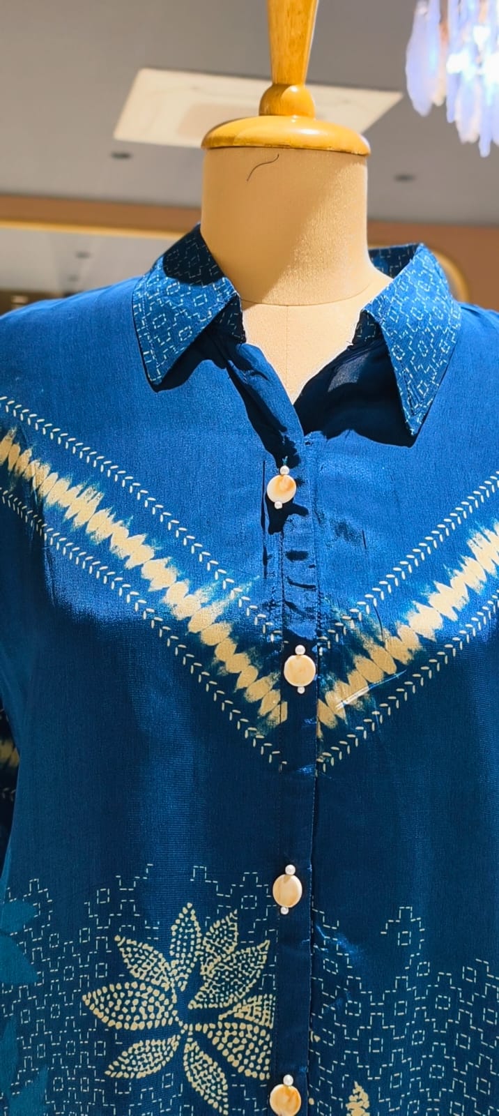 Abstract Vertical Line Floral Print Button Down Crepe Shirt -15111