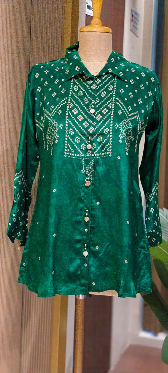 Pure Crepe Collared Bandhani Print Casual Wear Shirt- 14511