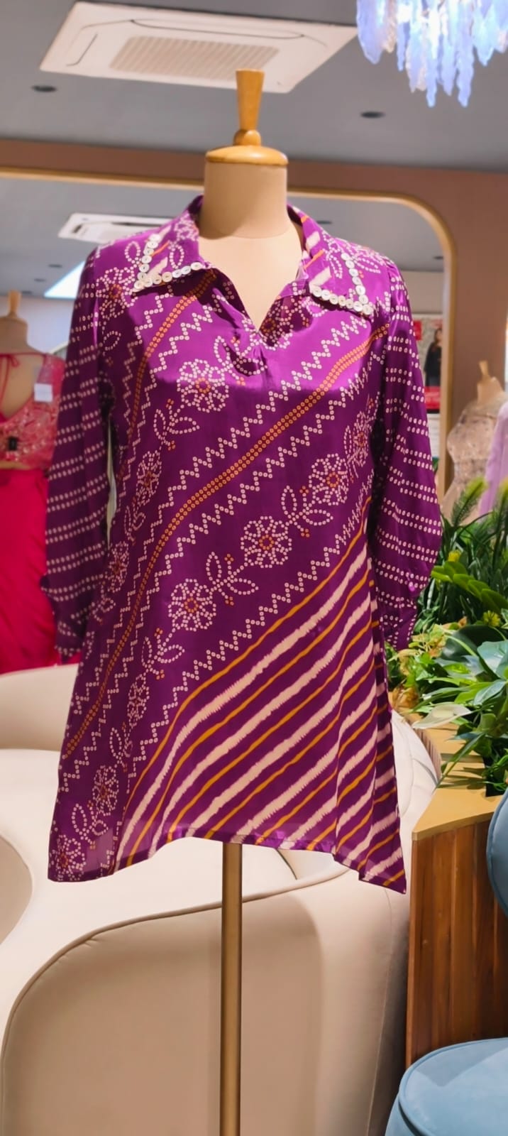Women's Premium Purple Bandhani Floral Printed Soft Crepe Casual Shirt Top- 15114