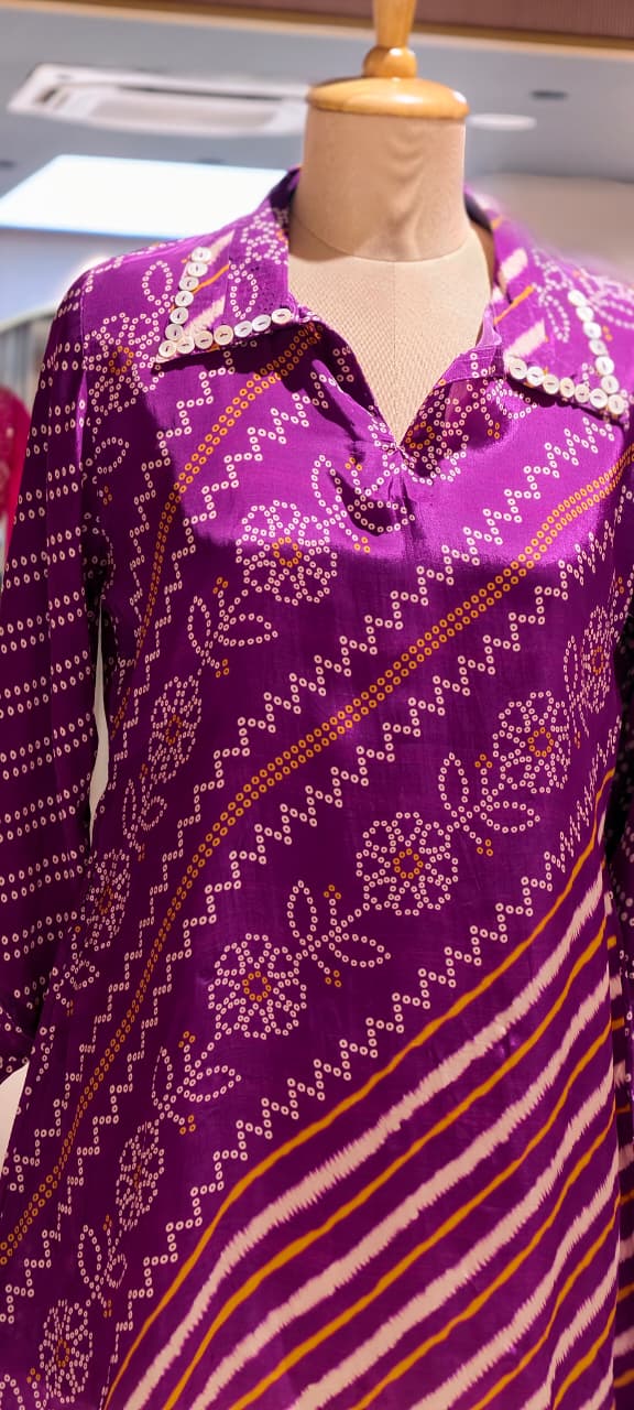 Women's Premium Purple Bandhani Floral Printed Soft Crepe Casual Shirt Top- 15114