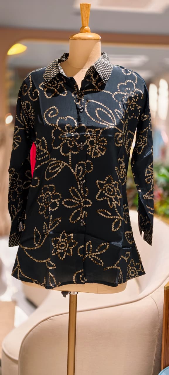 Pure Crepe Bold Black Bandhani Print Floral Collared Shirt- 15111