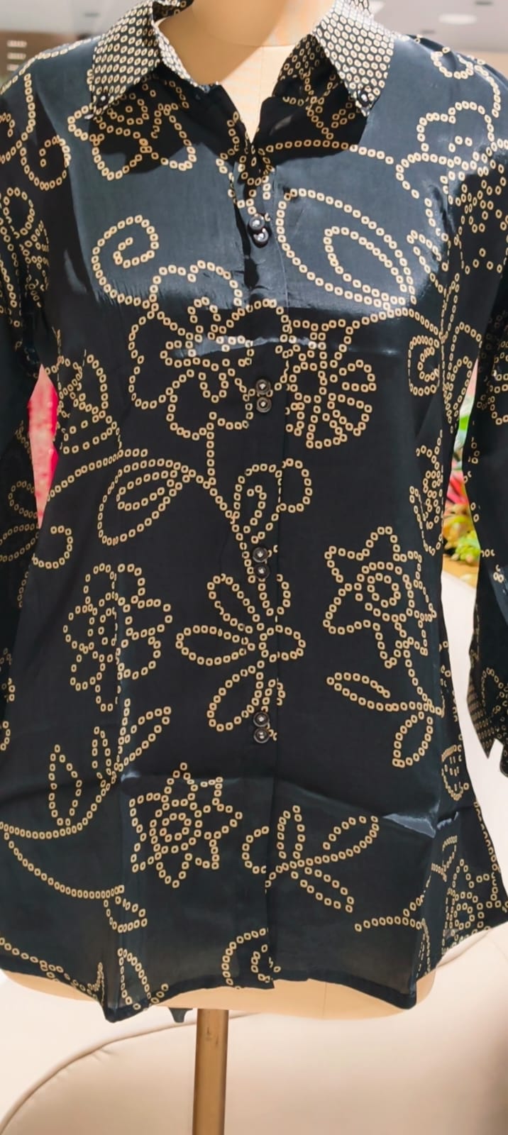 Pure Crepe Bold Black Bandhani Print Floral Collared Shirt- 15111