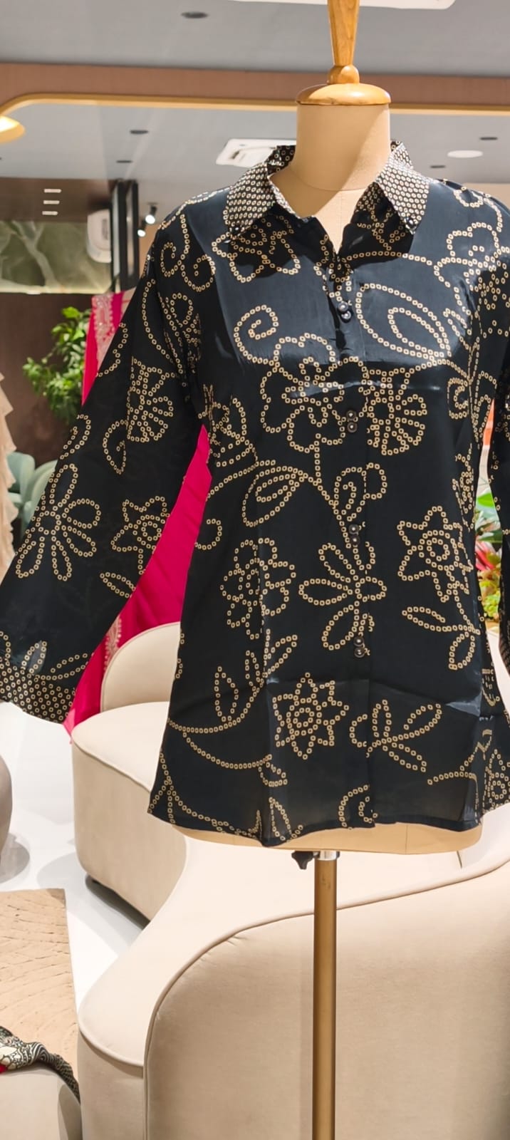 Pure Crepe Bold Black Bandhani Print Floral Collared Shirt- 15111