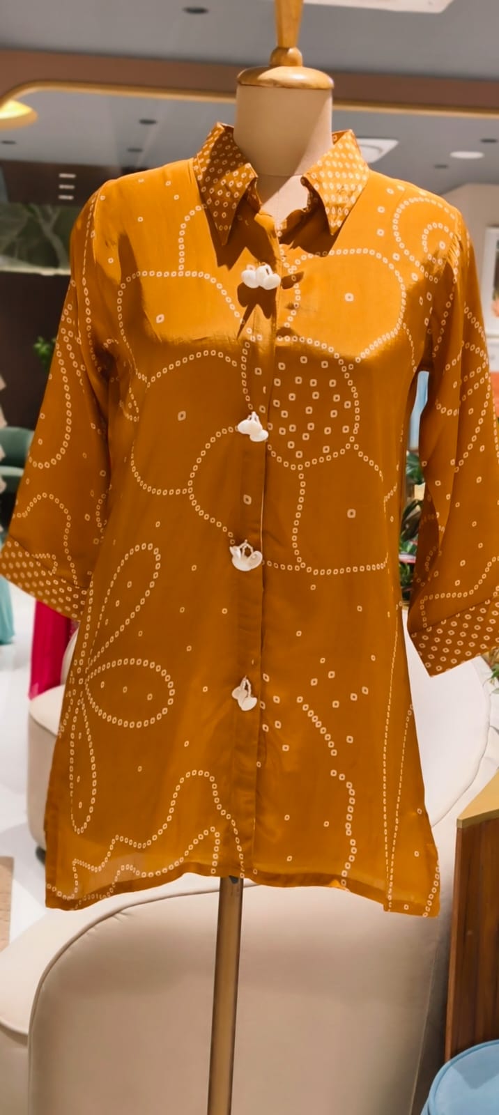 Bandhani Print Shell Tassel Rangoli Bird Back Print Crepe Shirt- 15111