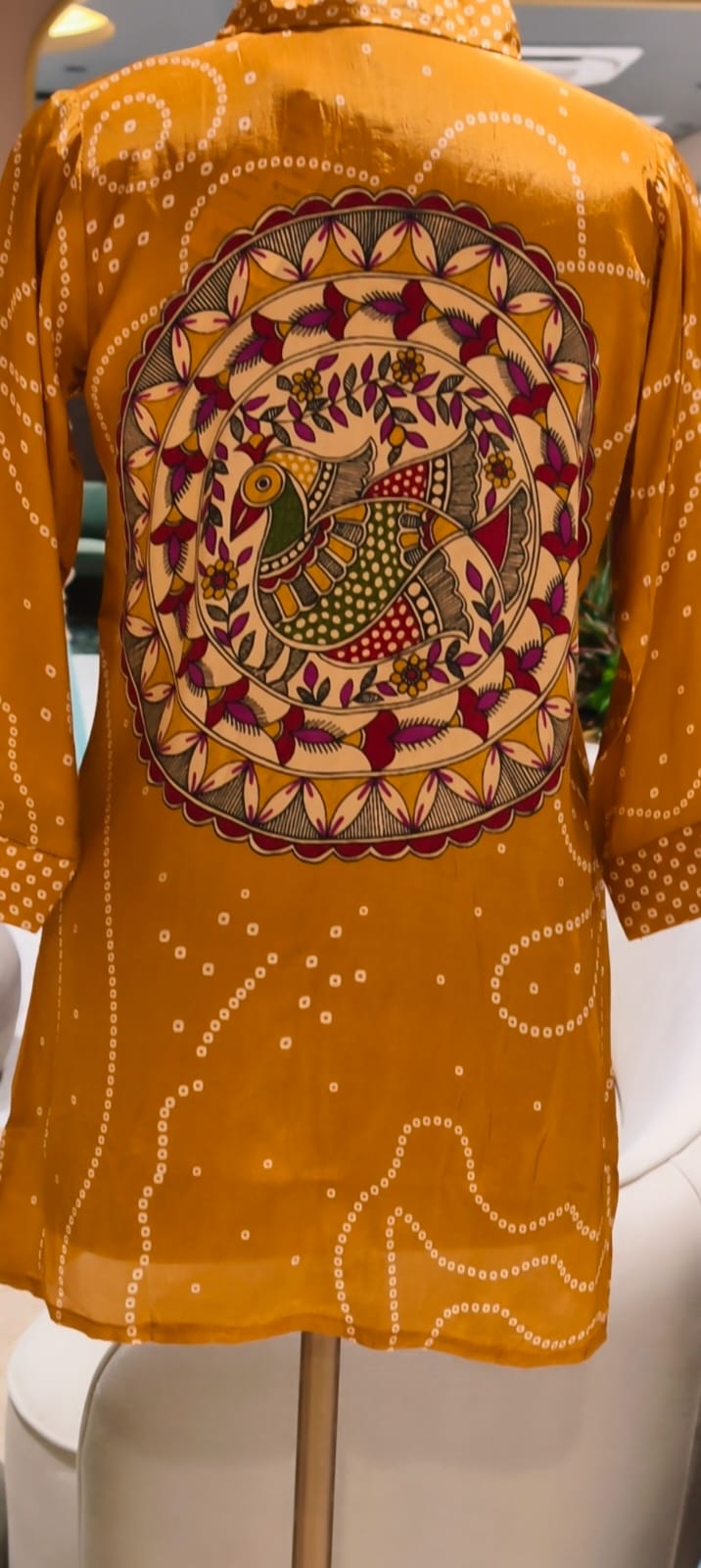 Bandhani Print Shell Tassel Rangoli Bird Back Print Crepe Shirt- 15111