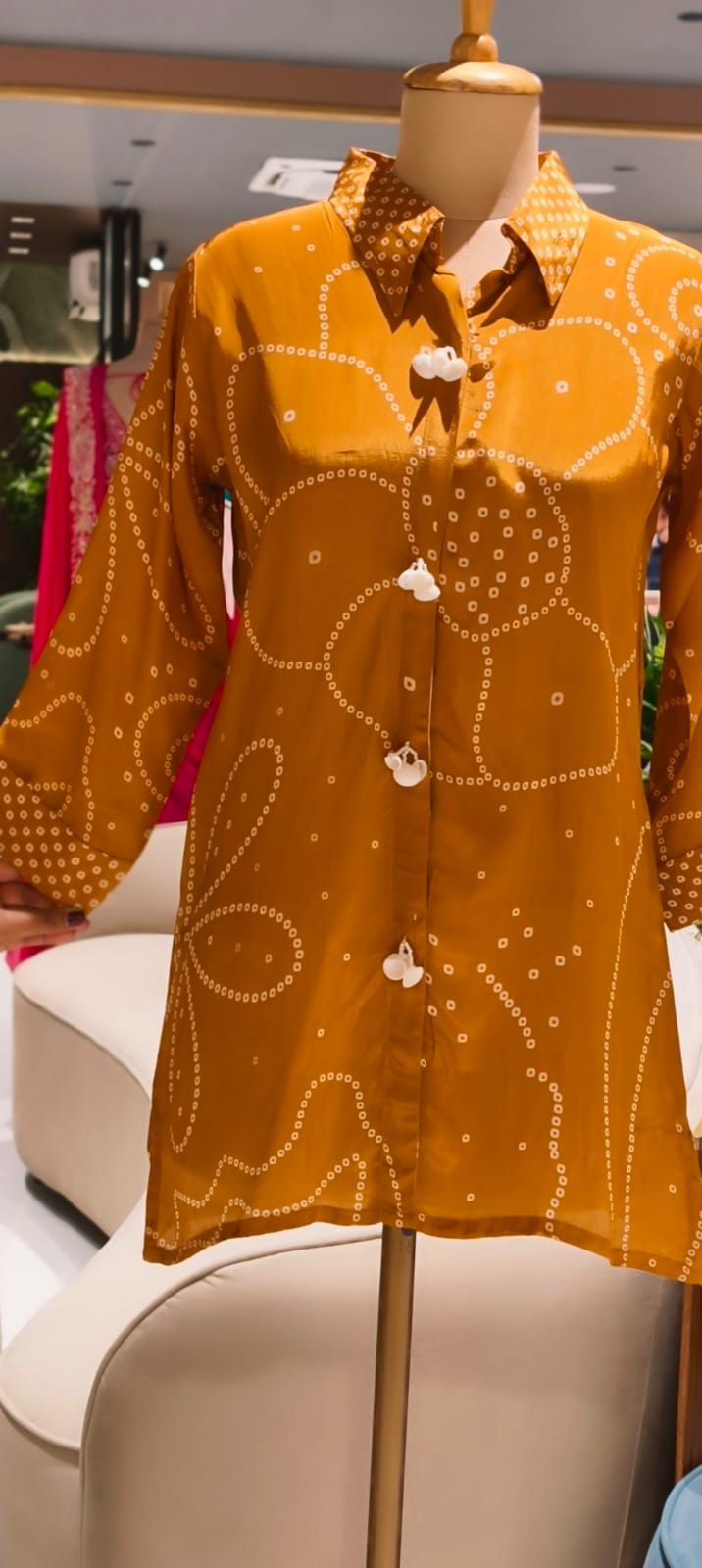 Bandhani Print Shell Tassel Rangoli Bird Back Print Crepe Shirt- 15111