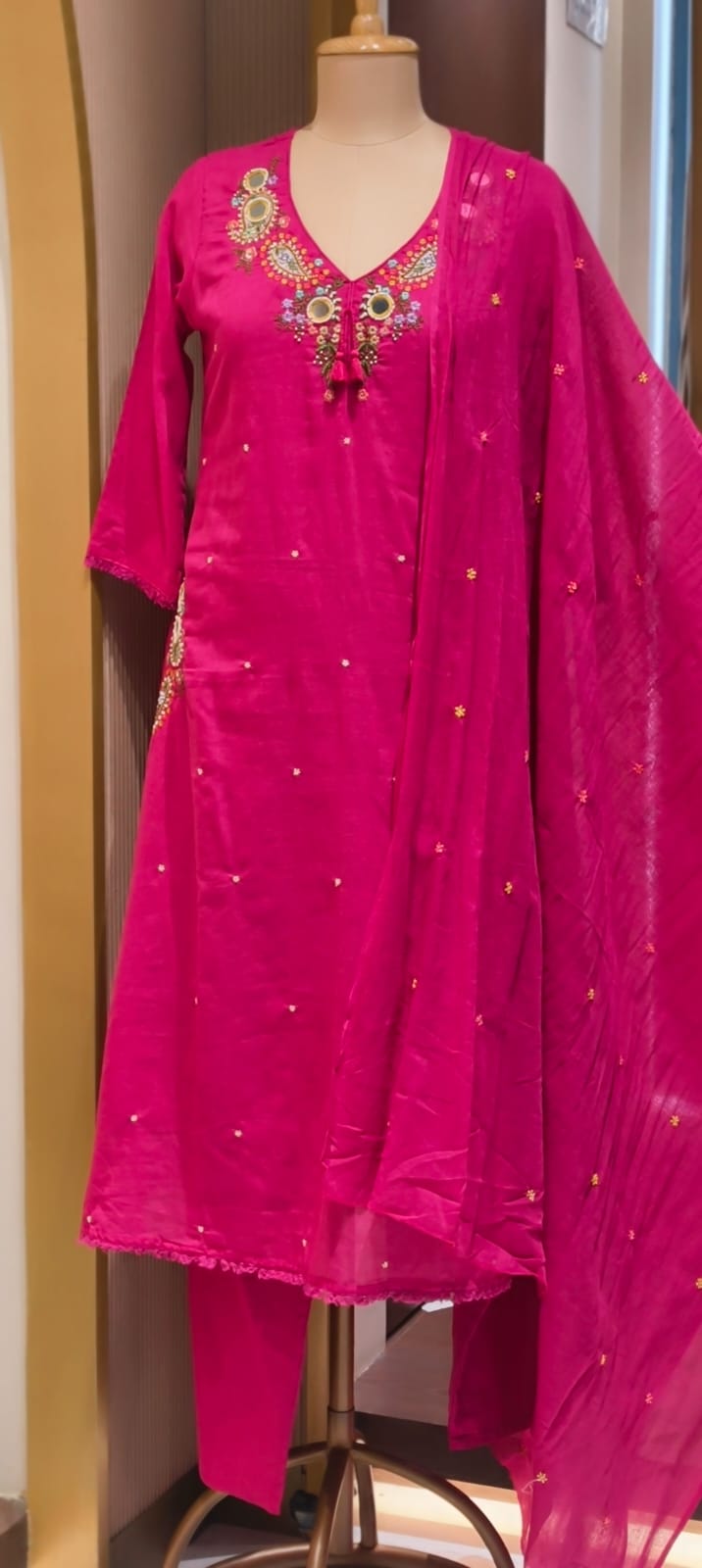 Stylish Mul Cotton A-Line Full Suit Set with Beautiful Mirror Embroidery and Both Side Pockets- 15167