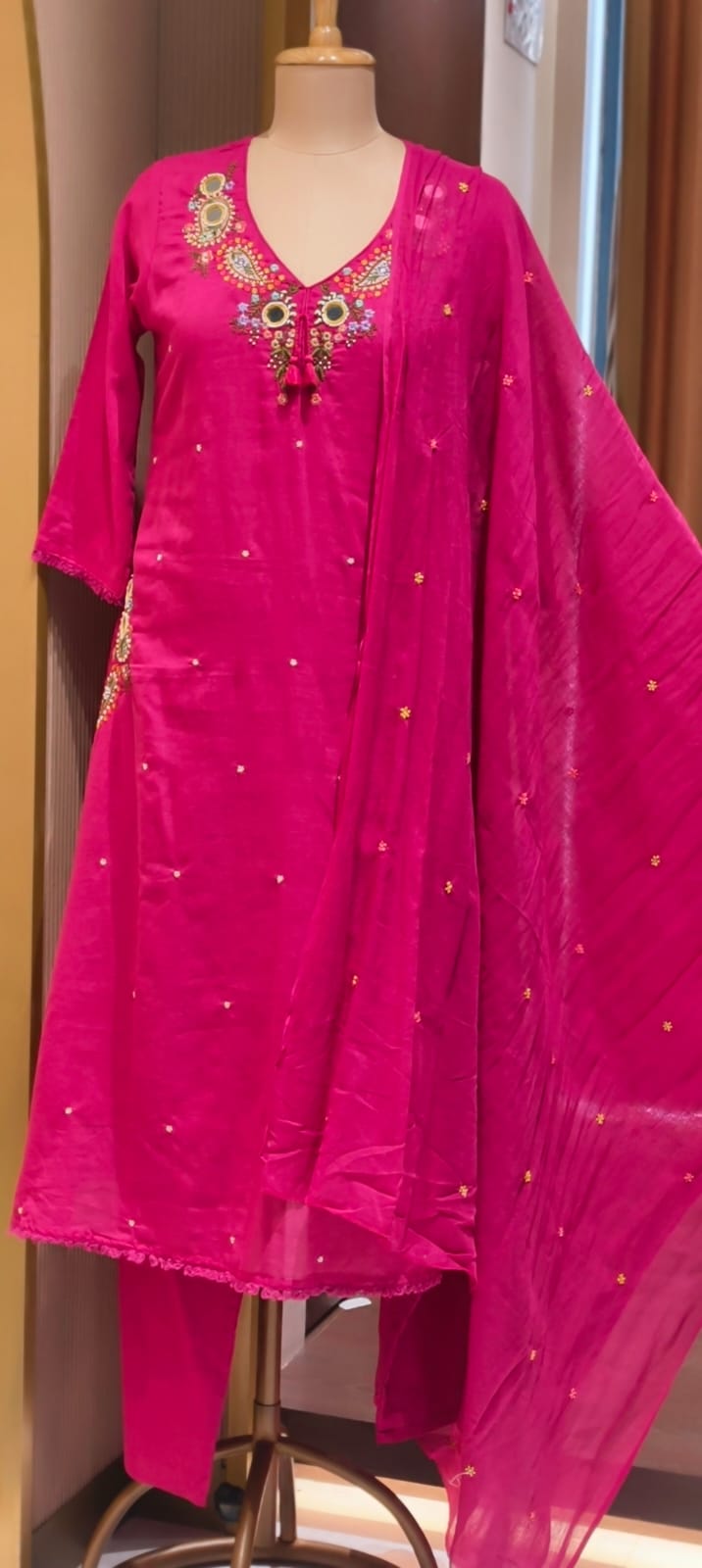 Stylish Mul Cotton A-Line Full Suit Set with Beautiful Mirror Embroidery and Both Side Pockets- 15167