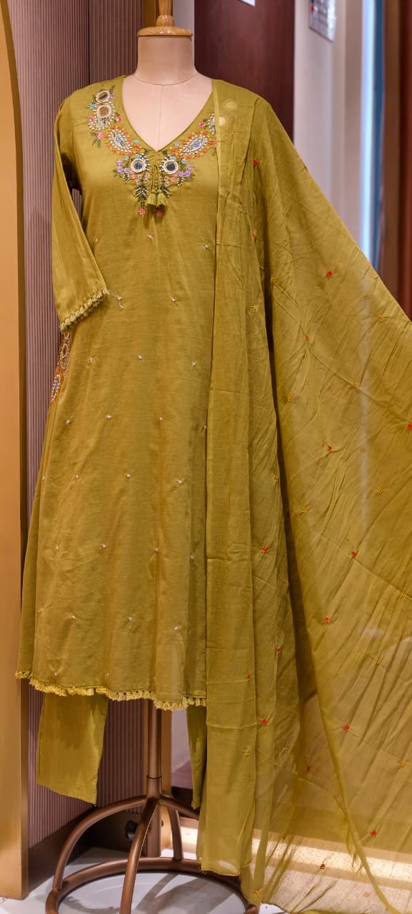 Stylish Mul Cotton A-Line Full Suit Set with Beautiful Mirror Embroidery and Both Side Pockets- 15167