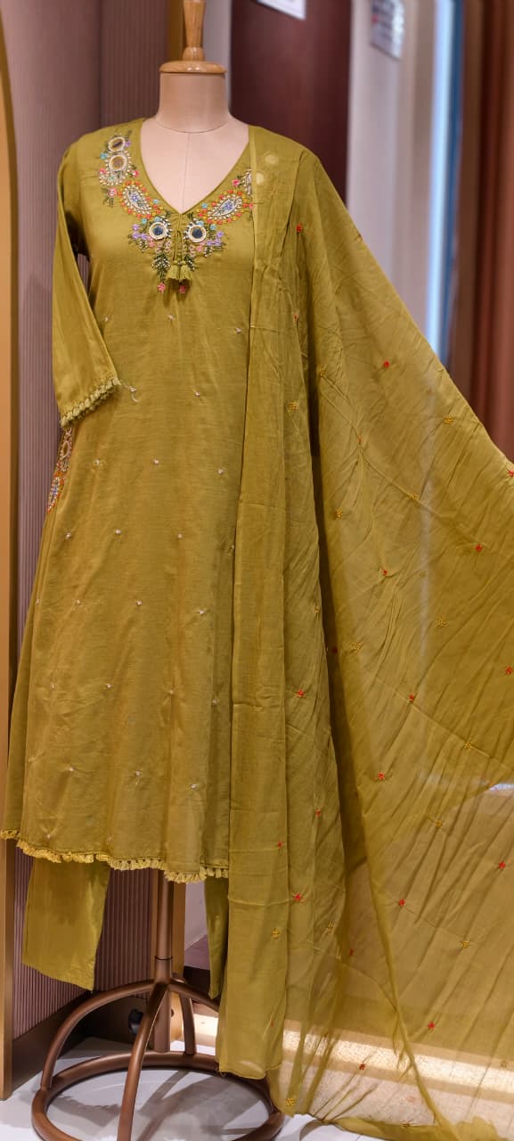 Stylish Mul Cotton A-Line Full Suit Set with Beautiful Mirror Embroidery and Both Side Pockets- 15167