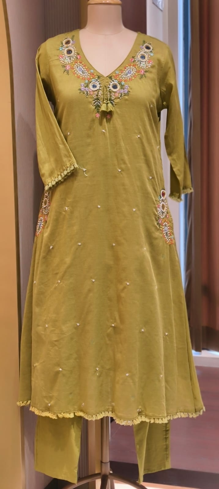 Stylish Mul Cotton A-Line Full Suit Set with Beautiful Mirror Embroidery and Both Side Pockets- 15167