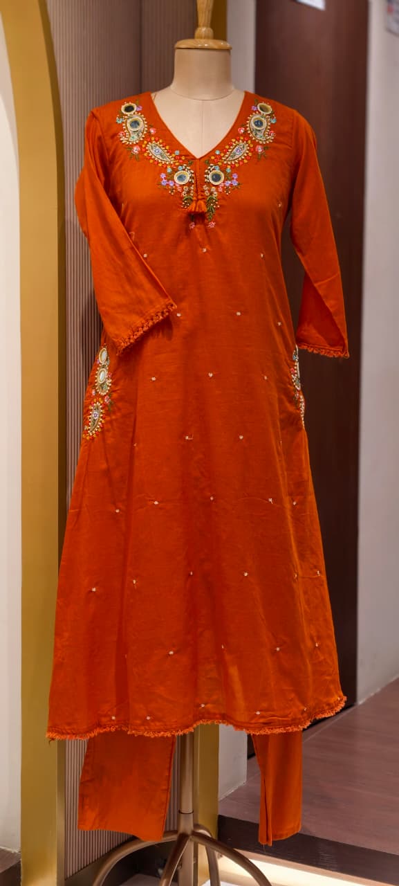 Stylish Mul Cotton A-Line Full Suit Set with Beautiful Mirror Embroidery and Both Side Pockets- 15167
